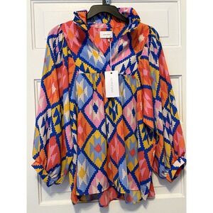 Adrienne Y2K Boho Babydoll Top Ikat Print Blouse Flowy Very Lightweight Top S